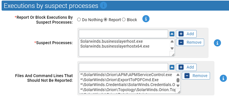 The execution by suspect processes settings for the SolarWinds-Sunburst Protection Rapid Config