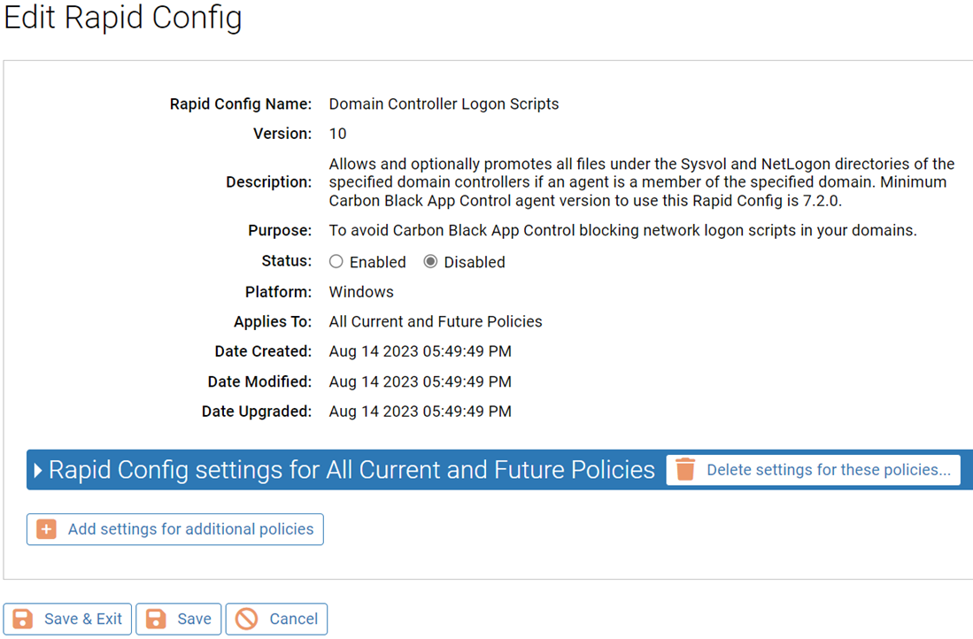 The Edit Rapid Config page for the Domain Controller Logon Scripts Rapid Config