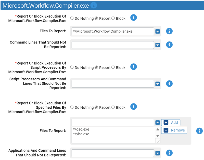 The Microsoft.Workflow.Compiler.exe. settings for the Suspicious Parent-Child Protection Rapid Config