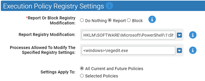The execution policy registry settings for the Powershell Protection Rapid Config