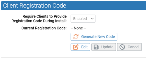 The Client Registration Code showing the Require Clients to Provide Registration Code During Install field as enabled.