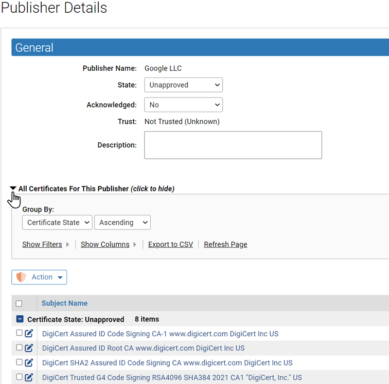 The Publisher details page with All Certificates For this Publisher selected
