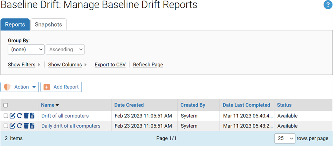 The Manage Baseline Drift Reports page