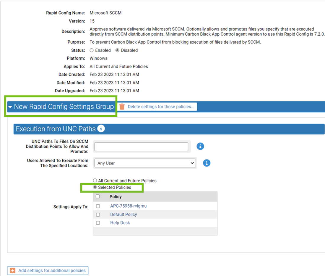The New Rapid Config Settings Group showing the Settings Apply to field with the Selected Policies option selected
