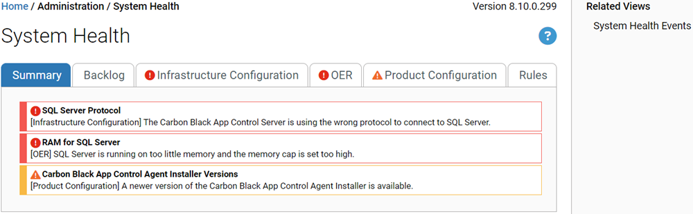 The summary tab of the System Health page showing system health errors for the SQL Server and an alert.