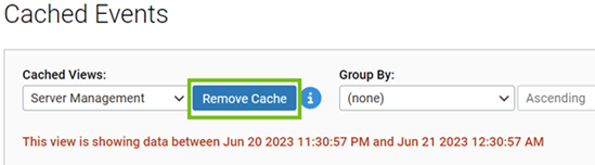 The Cached Events page displaying the Cached View and the Remove Cache button