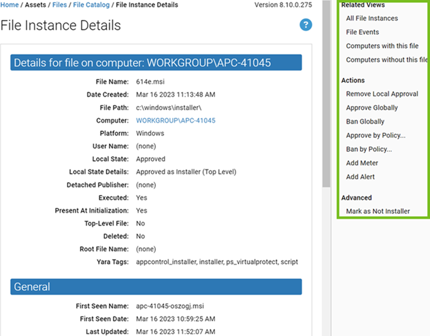 The File Instance Details page with menu options on the right