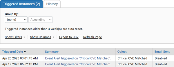 The Alert Instances page showing two Critical CVE Detected alerts