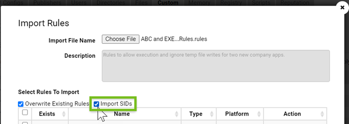 The Import Rules dialog with the Import SIDs option checked.