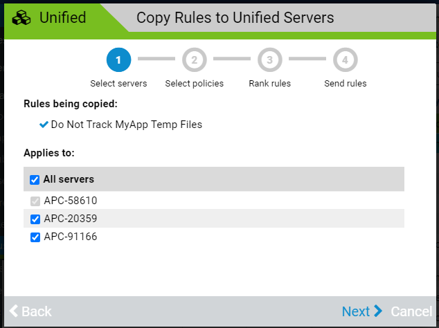 The opening page of the Copy Rules to Unified Servers wizard