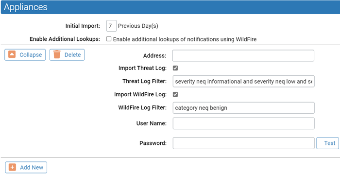 The appliances section of the Palo Alto Networks Integration settings page