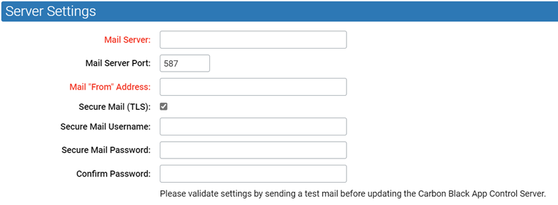The server settings panel displaying the secure mail settings