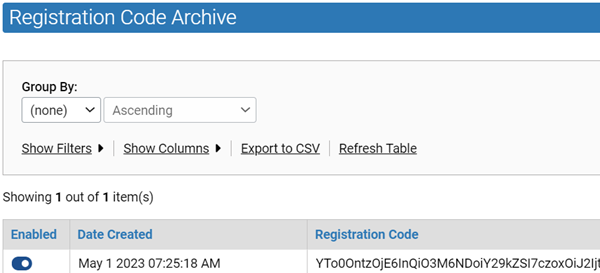 The Client Registration Code Archive table.