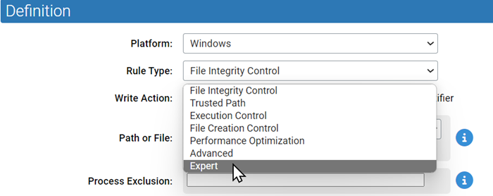 The location of the Expert option for enabling the expert interface for custom rules