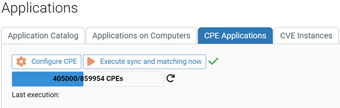 The CPE Applications tab showing the Execute sync and matching now progress bar