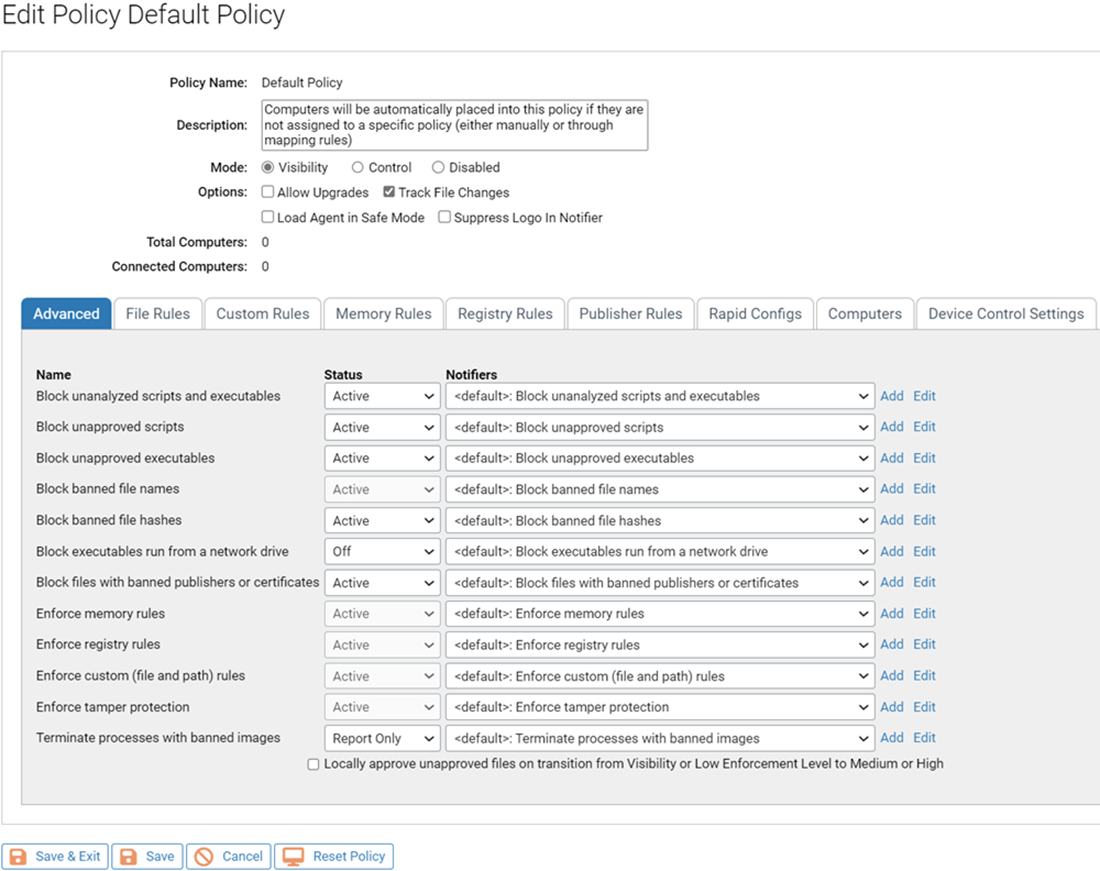The Edit Policy page showing the Device Control Settings tab