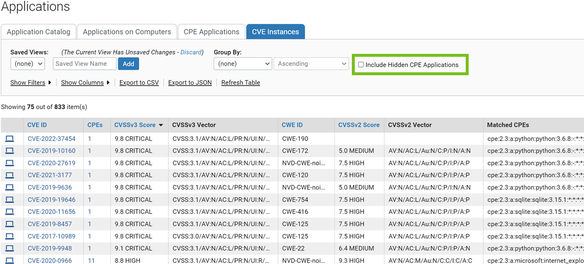 The CVE Instances tab on the Applications page