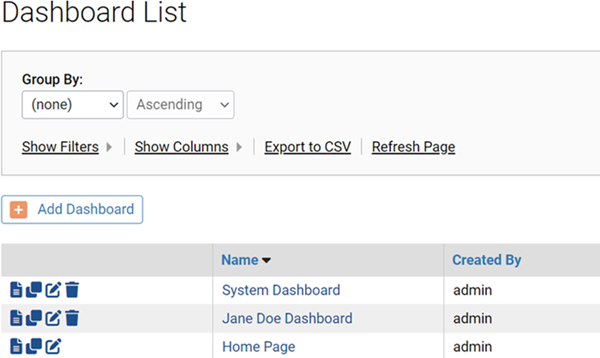 The Dashboard List page