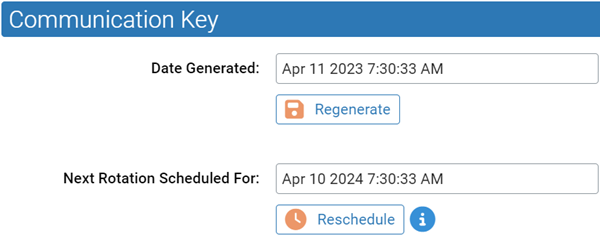 The Communication Key section showing the Regenerate and Reschedule buttons