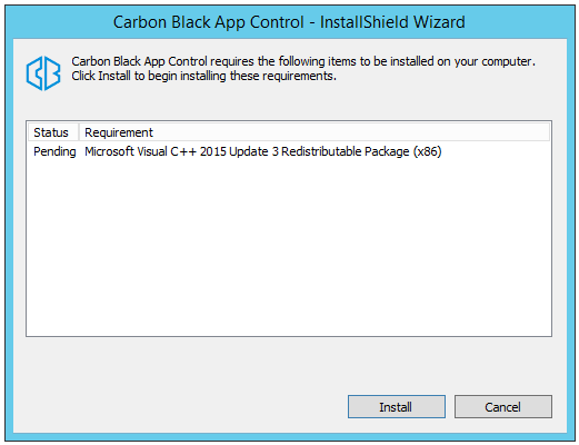 The Carbon Black App Control InstallShield Wizard dialog with the installation requirements