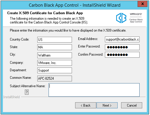 The Create X.509 Certificate for Carbon Black App Control dialog