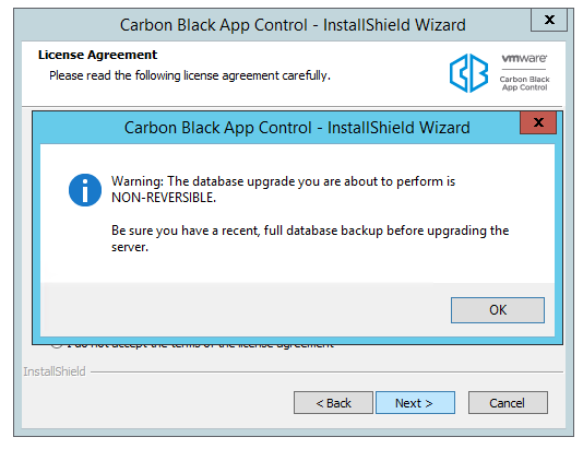 The License Agreement dialog overlayed with the database upgrade warning dialog