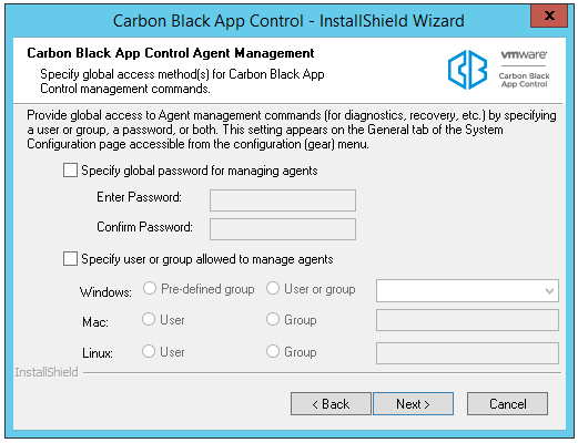 The Carbon Black App Control Agent Management dialog