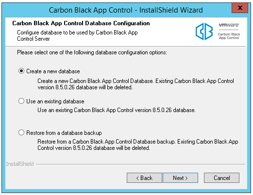 The Carbon Black App Control Database Configuration dialog