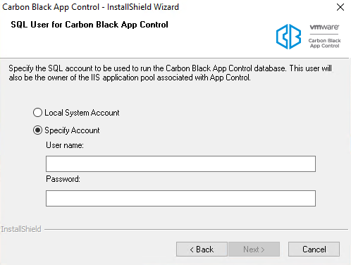 The SQL User for Carbon Black App Control dialog