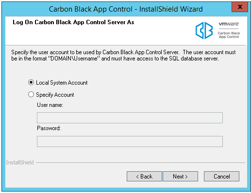 The Log On Carbon Black App Control Server As dialog