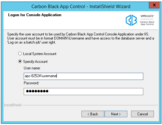 The Logon for Console Application dialog