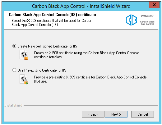 The Carbon BlackApp Control Console (IIS) Certificate dialog