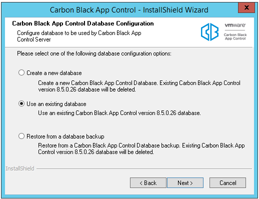 The Carbon Black App Control Database Configuration options dialog