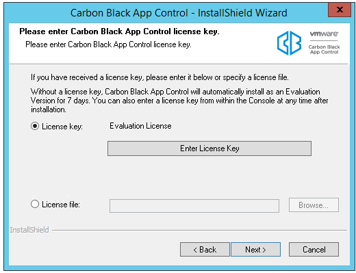 The Carbon Black App Control License Key dialog