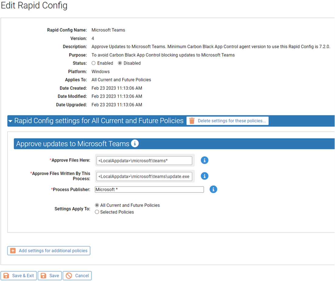 The Edit Rapid Config page showing the settings details for the rapid config