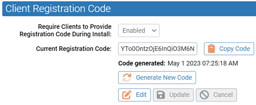 The Client Registration Code showing the current registration code with a timestamp of the generated date.