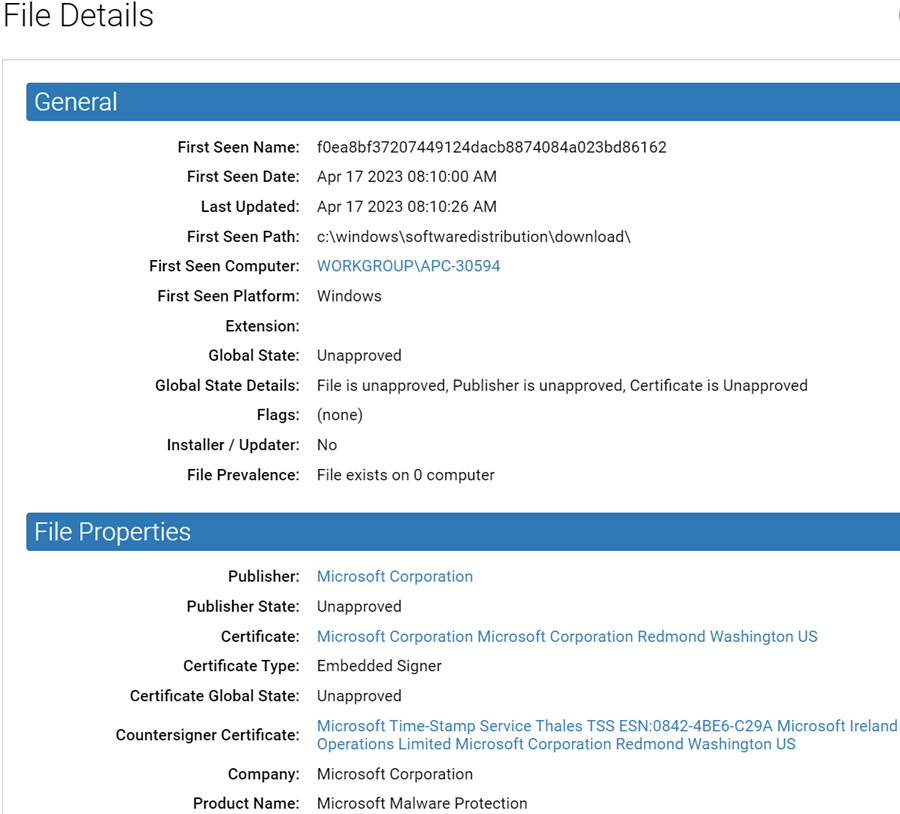 The File Details page showing the Countersigner Certificate field