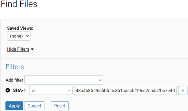 The SHA-1 filter in the Find Files menu