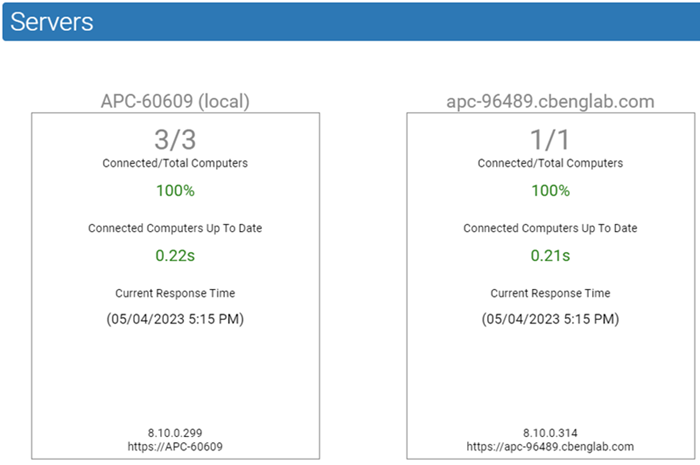 An example of the client server display on the Unified Management page