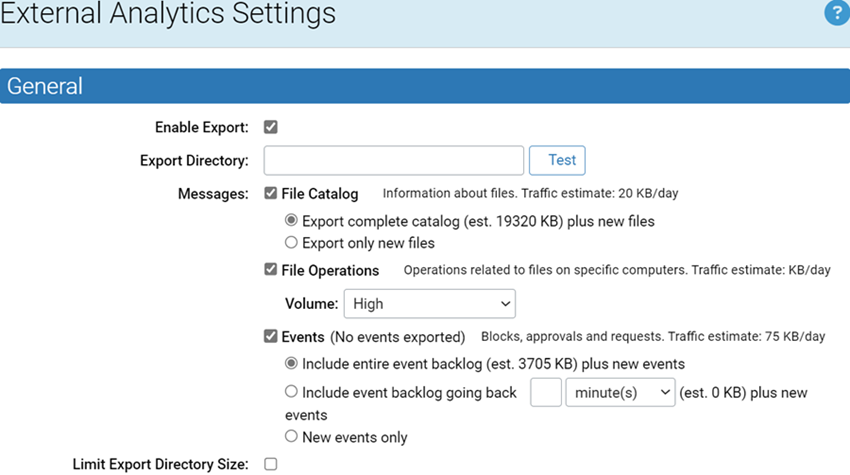 The message fields for the export options in the external analytics settings