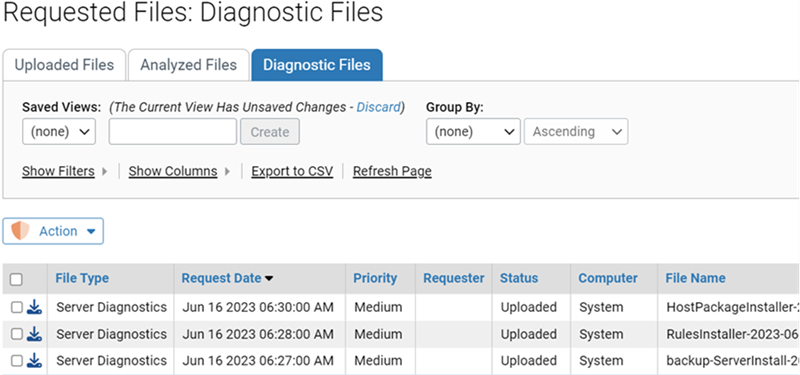 The diagnostic files in the Diagnostic Files table