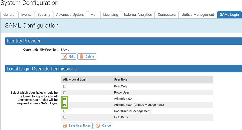 The SAML Configuration page showing the User Role administrator check boxes selected to allow local login
