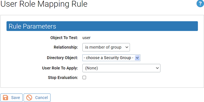 The User Role Mapping Rule page showing the rule parameters