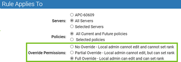 The Override Permissions section in the rule applies to panel