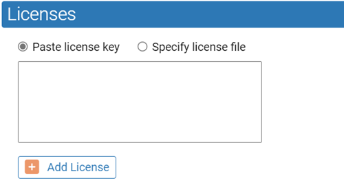 The paste license key radio button with a text box for the license key and the option to add the license