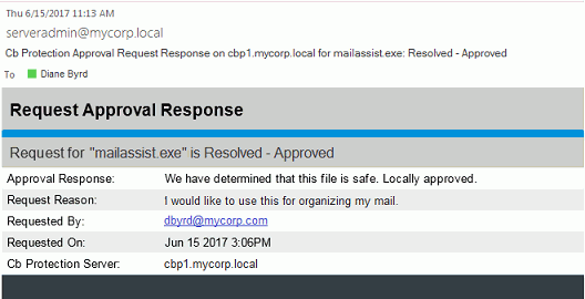 The Request Approval Response summary page.