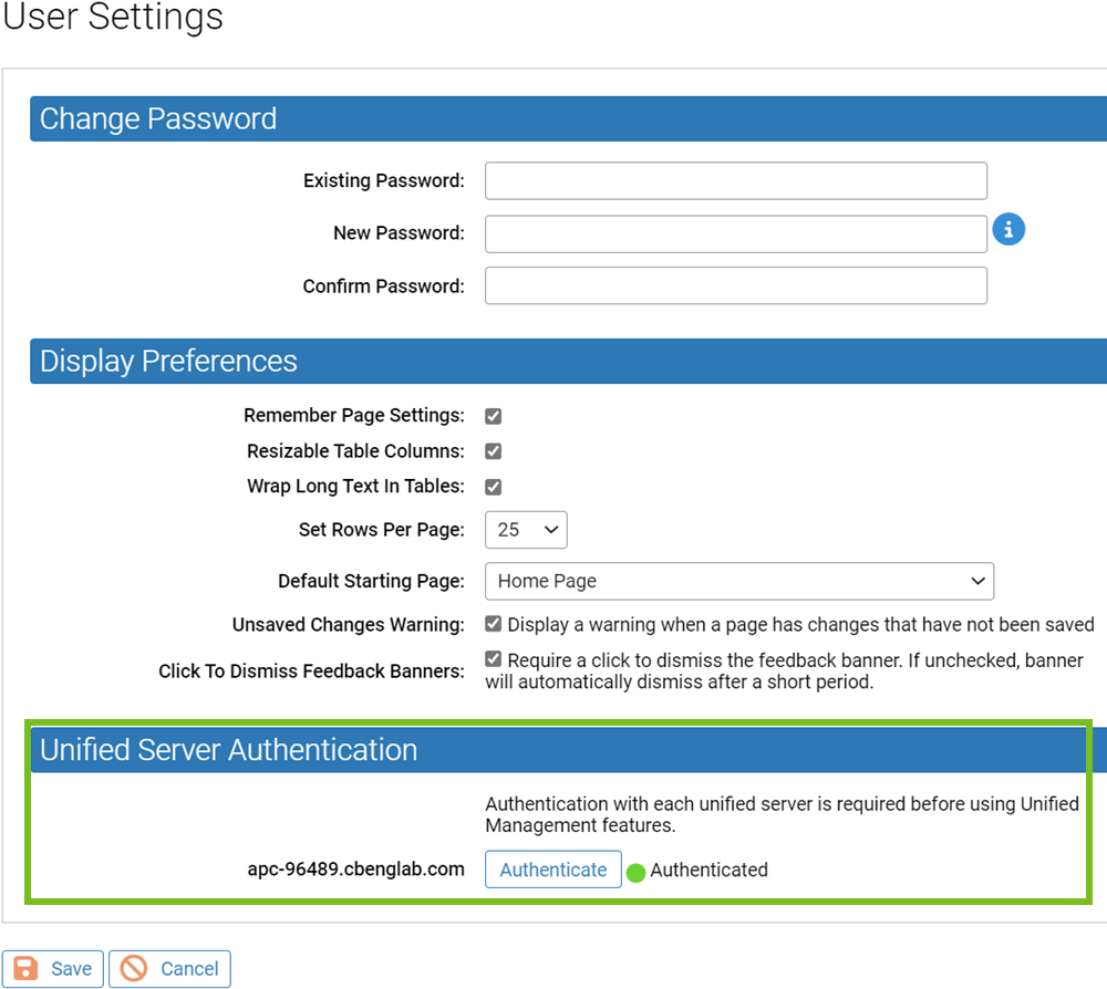 The Unified Server Authentication on the User Settings page