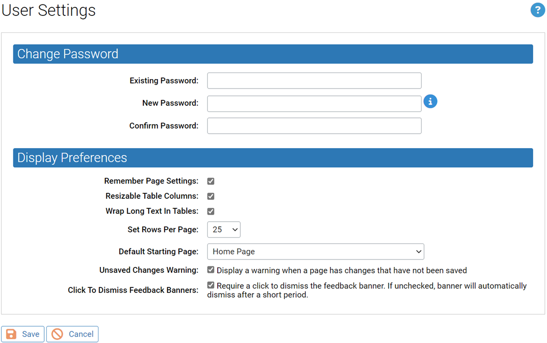The user settings page