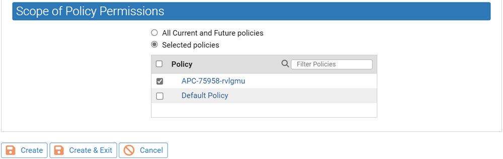 The Scope of Policy Permissions settings showing the Selected Policies