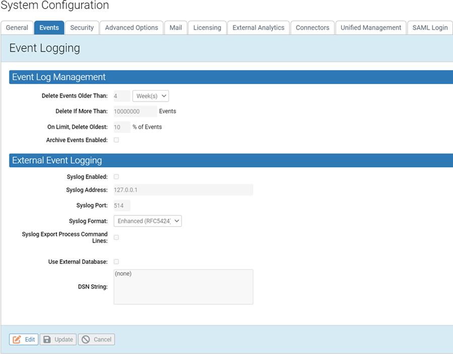 The Event Logging panel on the System Configuration page